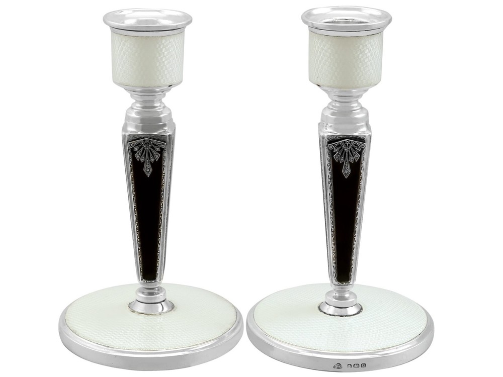 Antique Art Deco Sterling Silver and Enamel Candlesticks