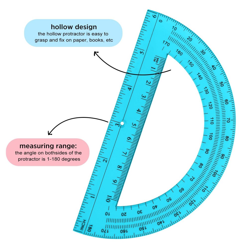 3Pack 6"Plastic Protractor Back to School Protractors 180Degrees Pink Blue Clear