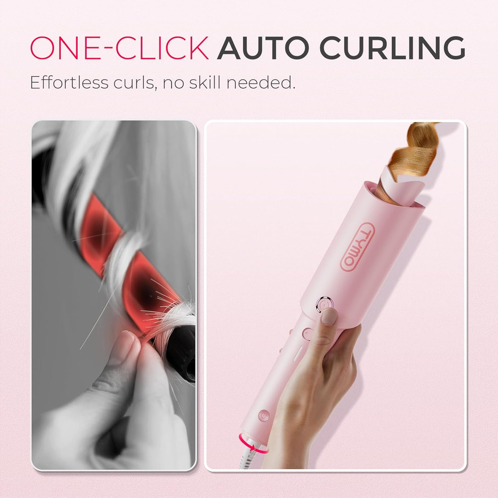 TYMO CurlPro Automatic Rotating Curling Iron 1.25 Inch Ionic Dual Voltage Pink