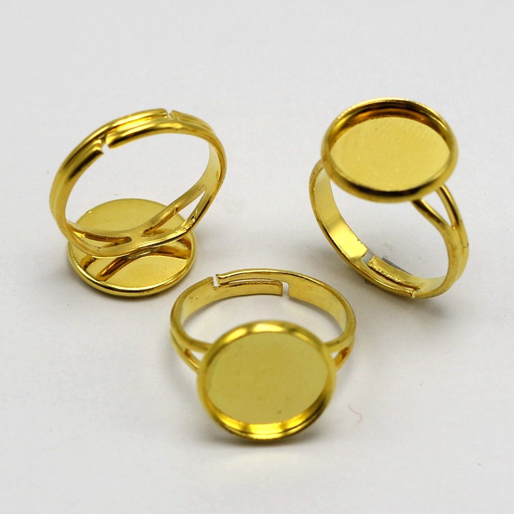 10 Pcs Brass Ring Blanks Adjustable with Round Bezel Setting Cup 10mm-20mm Gold
