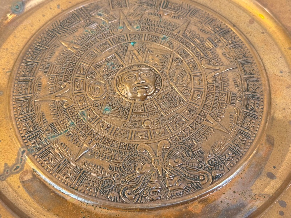 Vintage Solid Copper Embossed Mayan Aztec Inspired Round Wall Hang Plate 11"