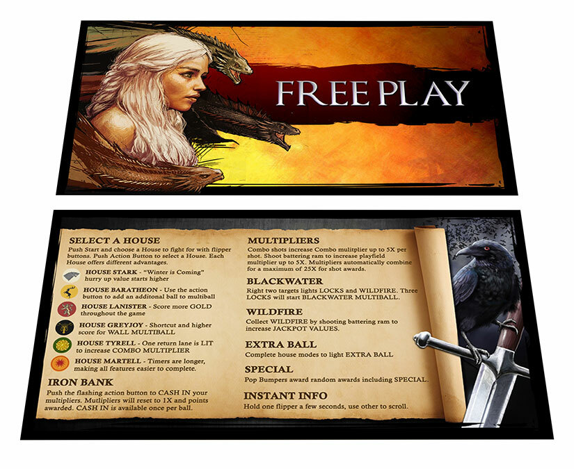 Stern Game of Thrones Pinball Custom Apron Instruction Cards