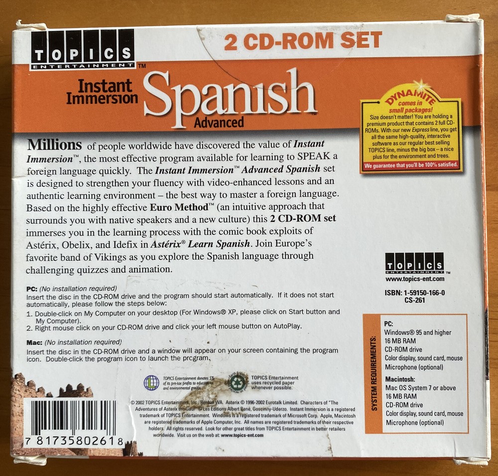 Instant Immersion - Spanish Advanced 2 CD-ROM Set WIN/MAC Topics Ent. New.