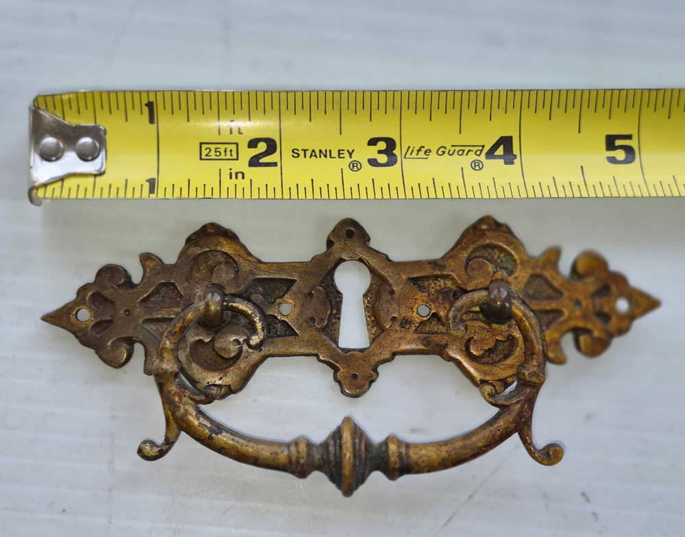 Pair Solid Cast Brass Antique Drawer Pulls Bail Handle Ornate Aesthetic Movement