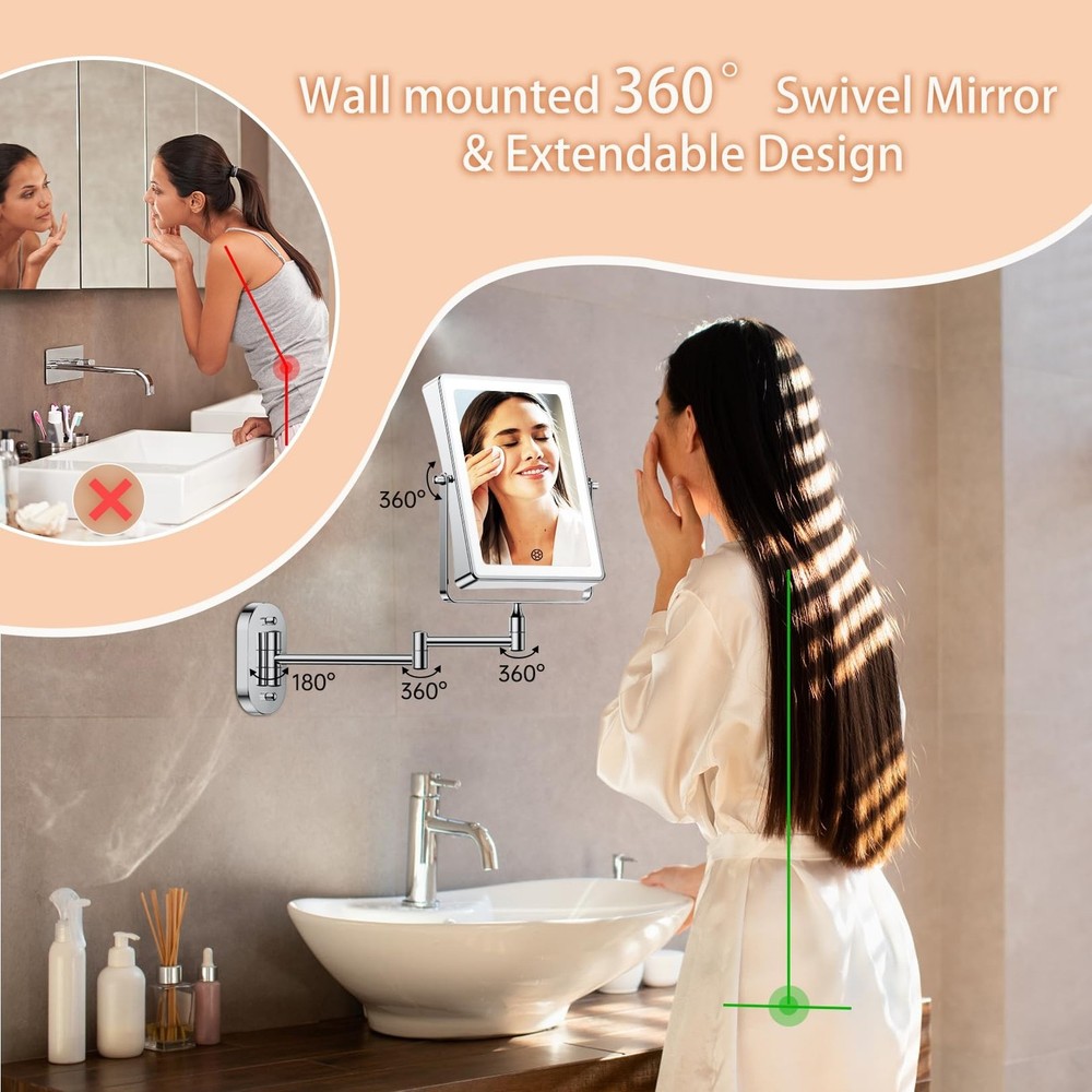 FASCINATE 5000mAh Rechargeable Wall Mounted Makeup Mirror, 8.7" Double Sided ...
