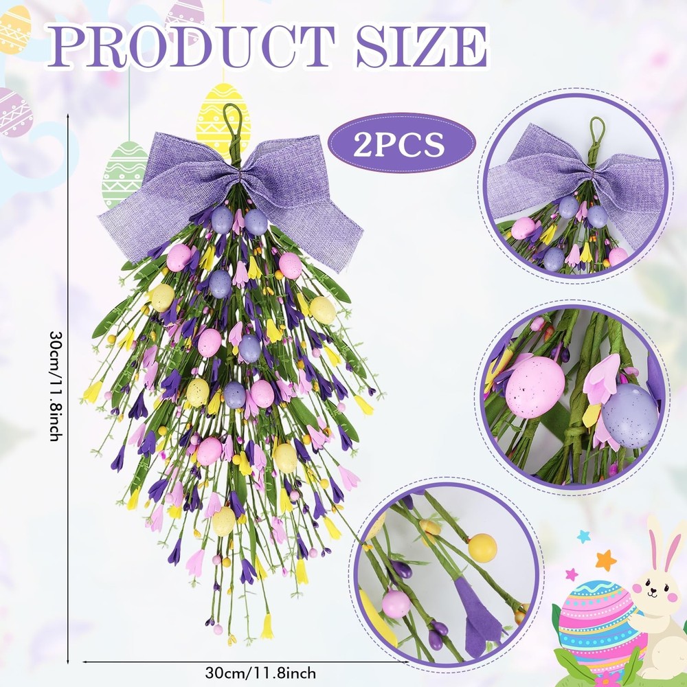 2 Pack 24'' Easter Teardrop Swags for Front Door Pastel Easter Eggs Teardrop ...