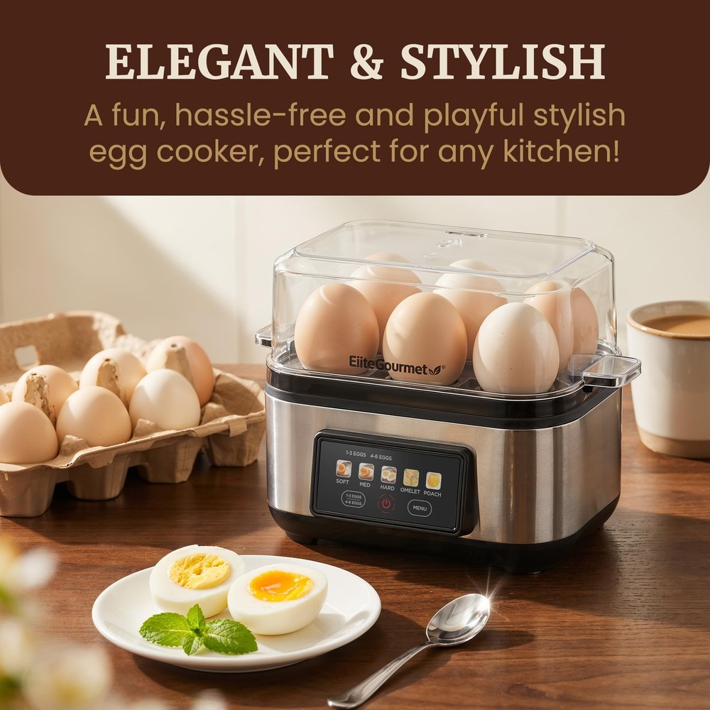 Digital Egg Cooker, 6 Egg Capacity, Soft/Medium/Hard Boiled, Poach & Omelet, ...