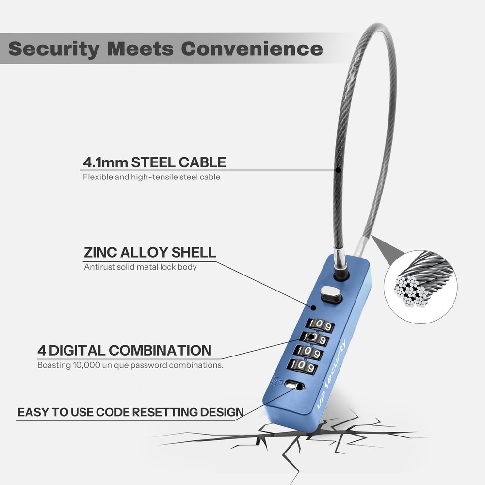 UP Security 4 Digit Combination Cable Lock for Short Cable, Blue, 11.8"(30cm)