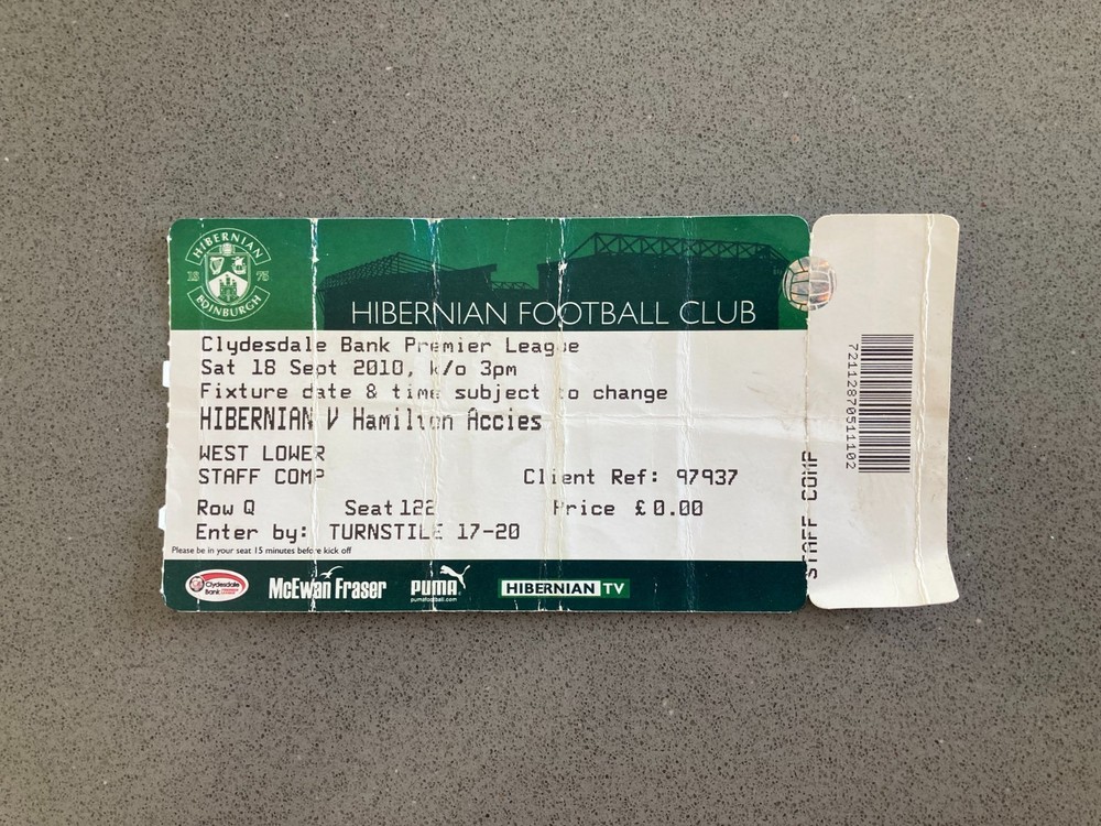 Hibernian v Hamilton 2010-11 Match Ticket
