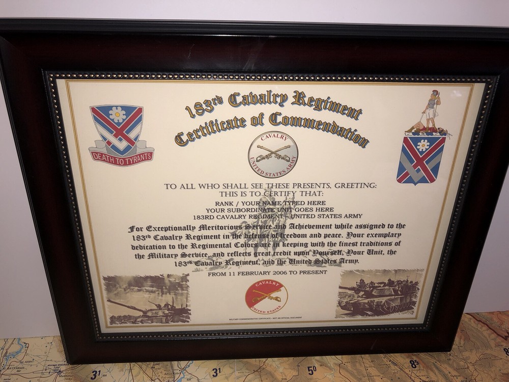 183RD U.S. CAVALRY REGIMENT / COMMEMORATIVE - CERTIFICATE OF COMMENDATION