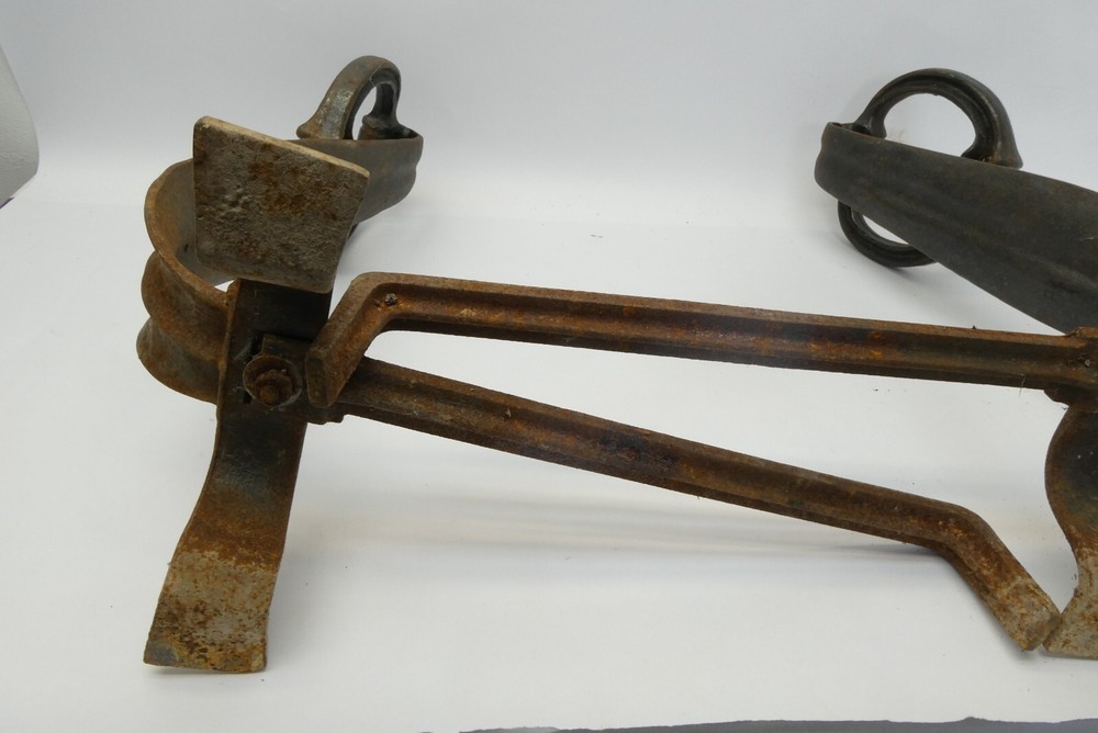 Pair Antique Old Iron Metal Ring Handle Fireplace Andirons Decorative Hearthware