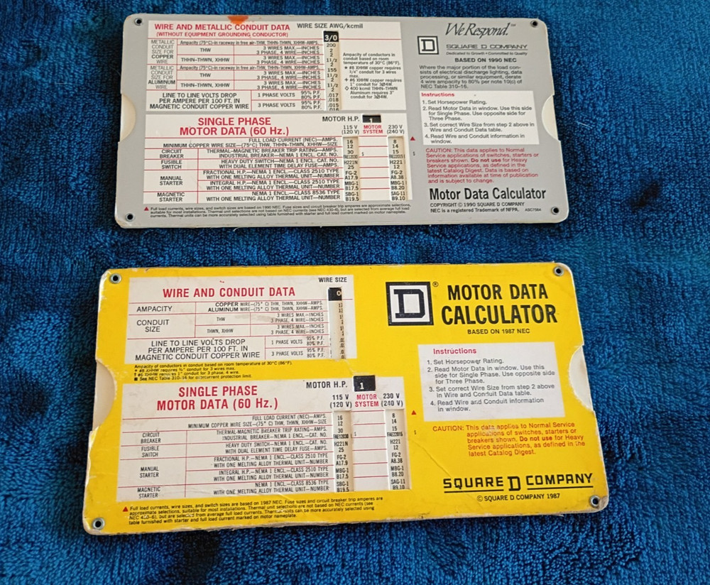 2- Vintage Square D Motor Data Calculators 1987 and 1990.