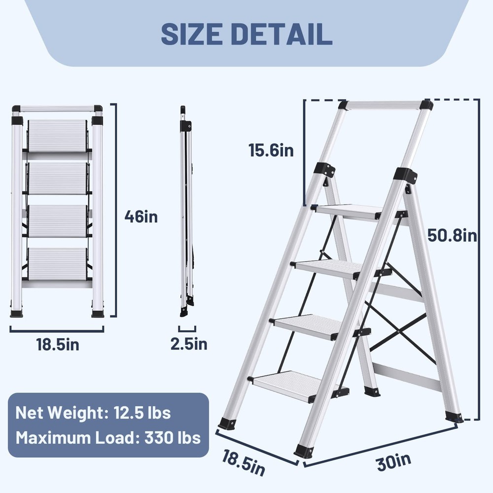 XinSunho 4 Step Ladder, Retractable Handgrip Folding 4 step, Silver