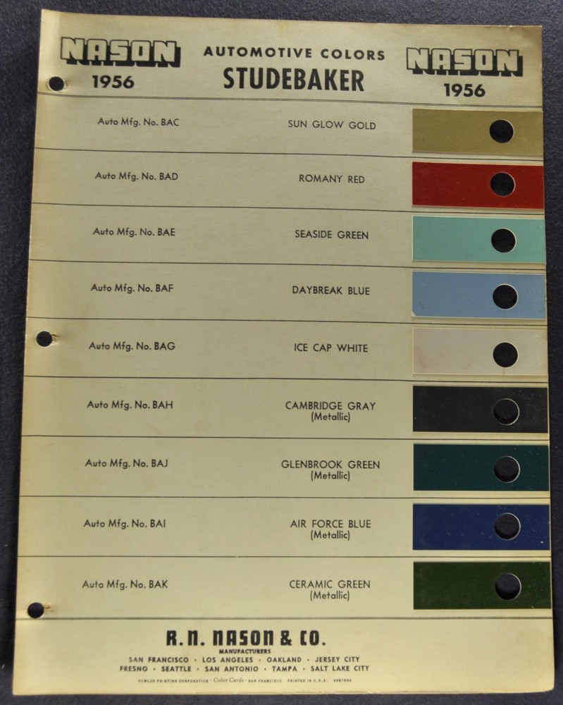 1956 Studebaker Paint Chip Colors Sheet Hawk President Commander Champion