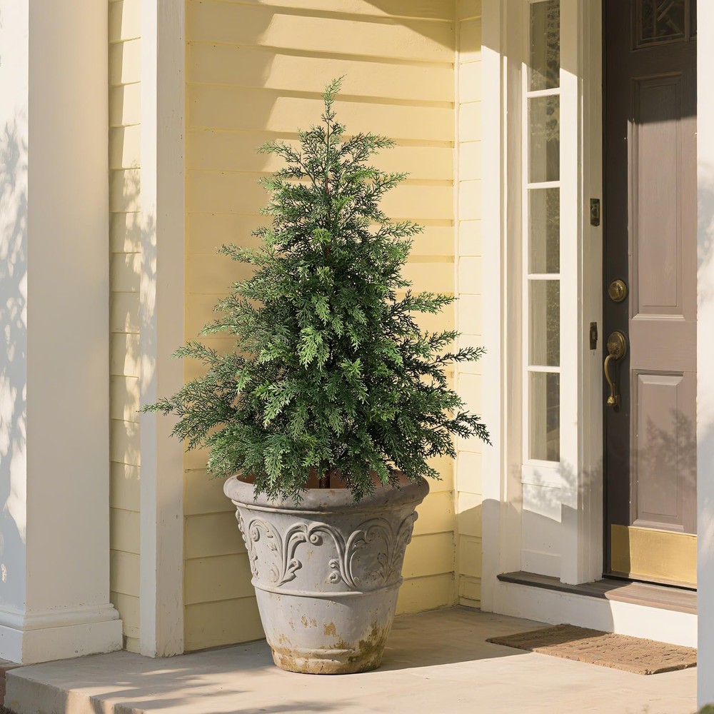 3FT Real Touch Cedar Topiary Trees for Front Porch Decor, Artificial Shrubs F...