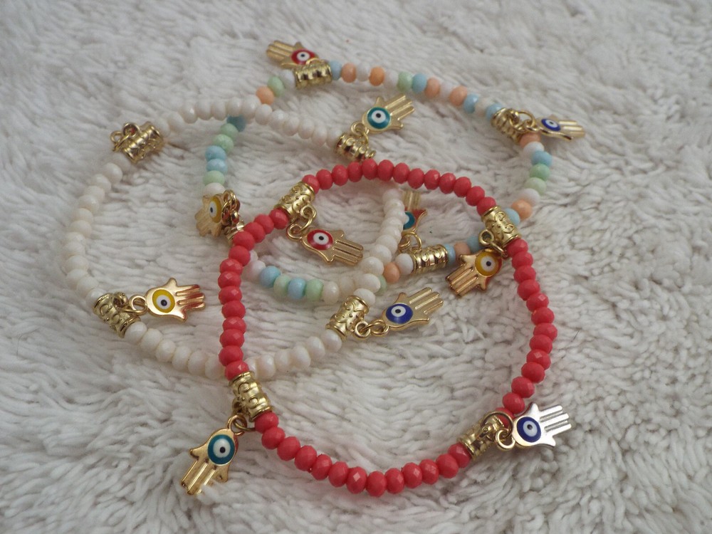 3 pc Hamsa Hand Eye Charm Bead Stretch Bracelet Set (K2)