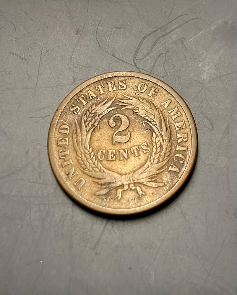1865 2C PIECE, LIGHT BROWN, VG/FINE CONDITION, SMALL SCRATCH ON THE SHIELD