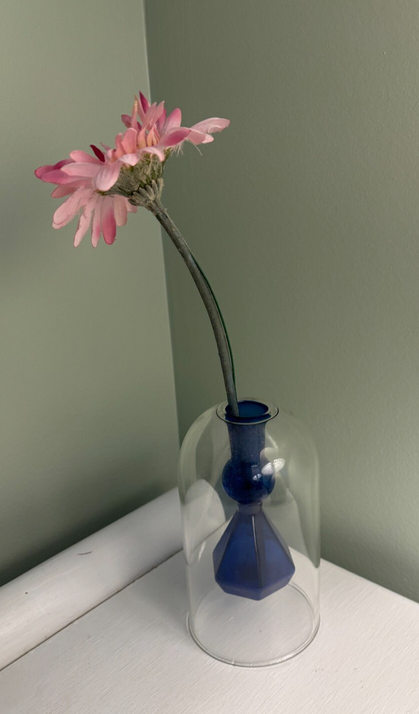 Bud vase? Blue glass inside clear dome