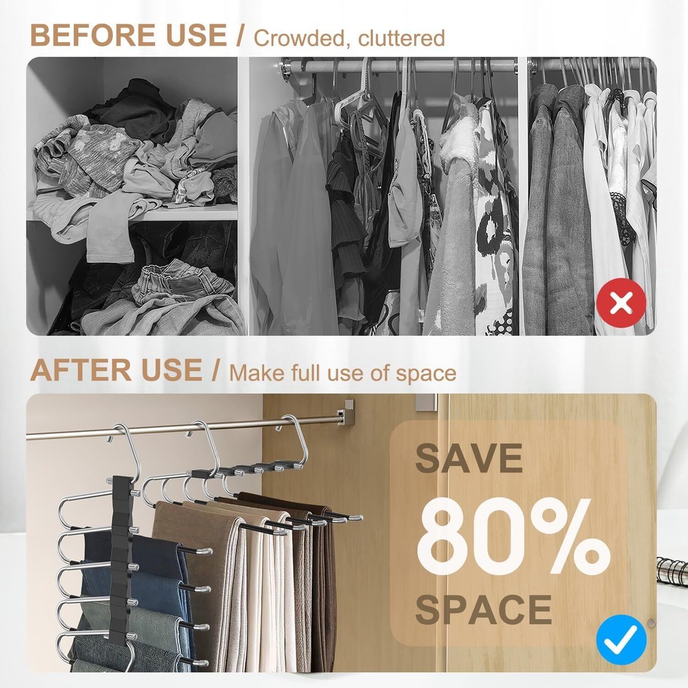 2 Pack Pants Hangers Space Saving, Anti-Slip Multi-Functional 2 Pack, Black