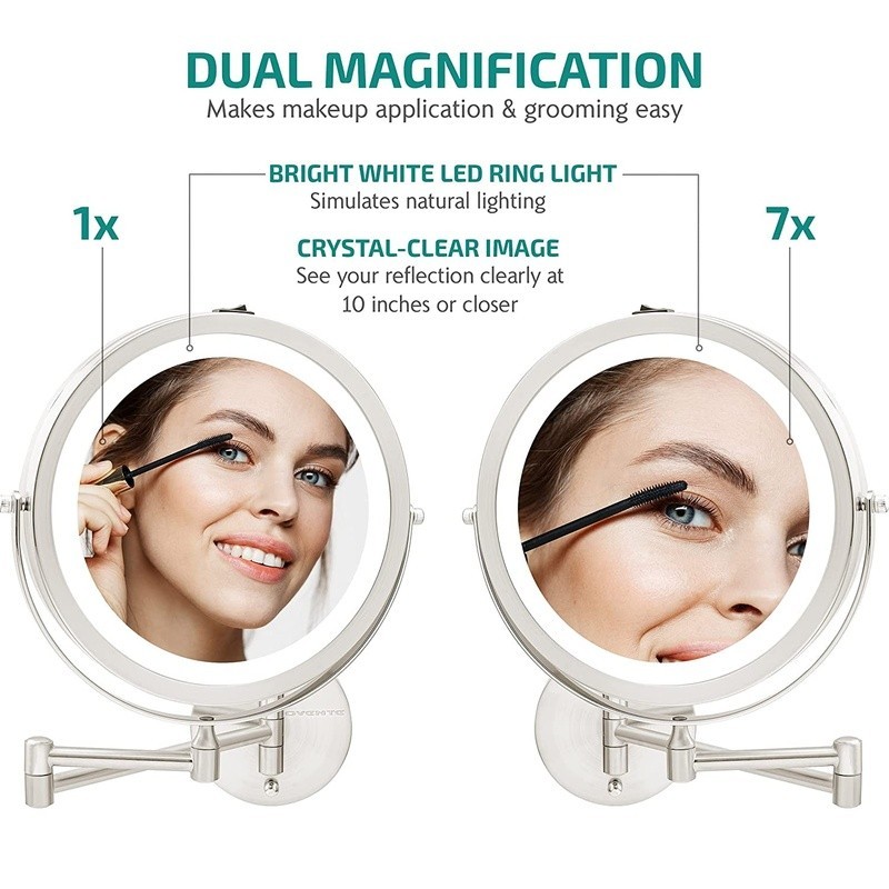 Lighted Wall Mount Makeup Mirror 7X Magnification Adjustable Dual Sided LED New