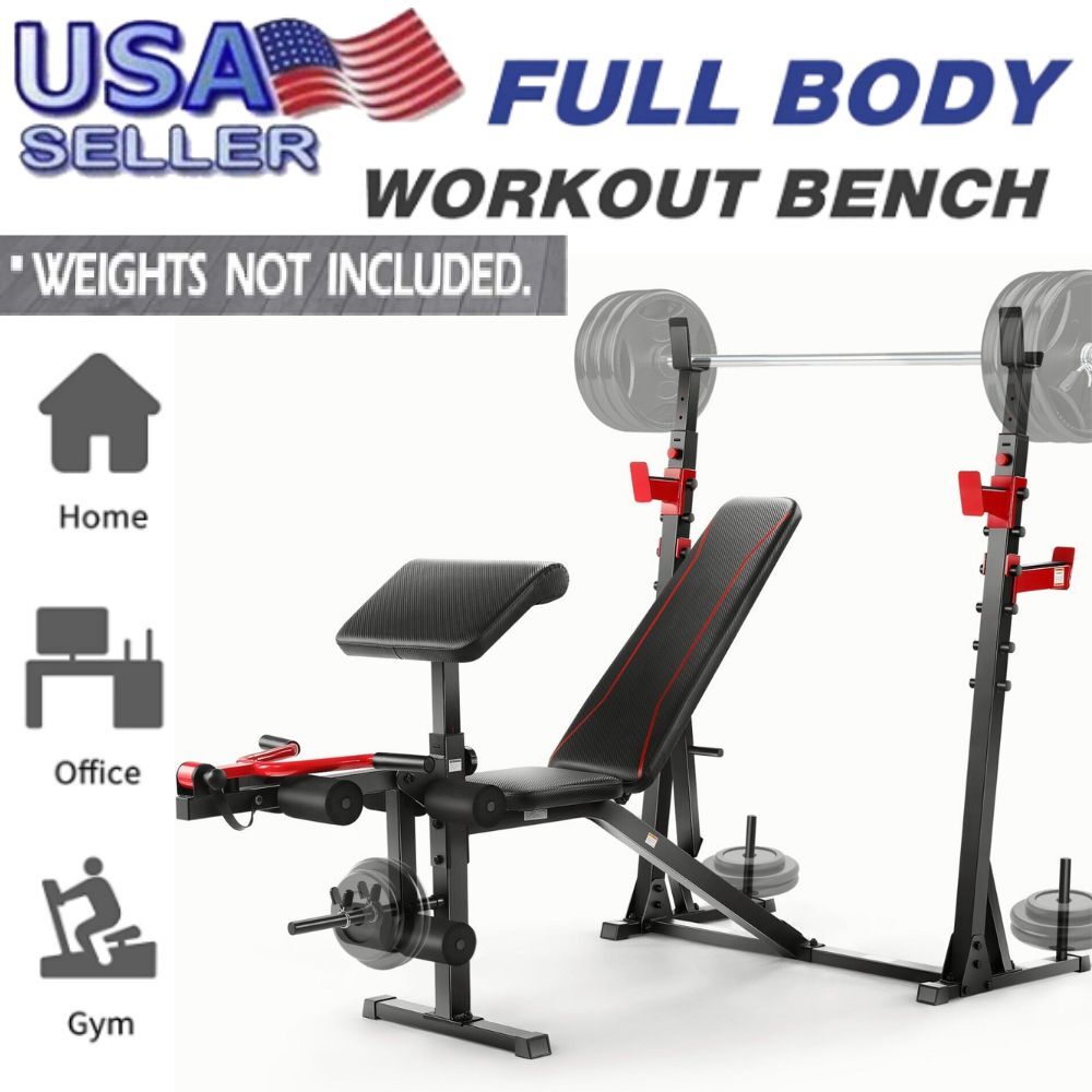 Weight Bench Press Adjustable Foldable Workout with Barbell Rack 600lbs 900lbs