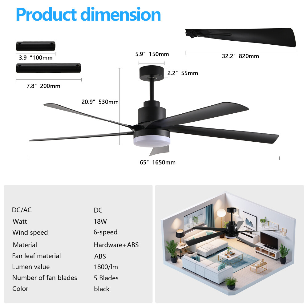 65'' Black Ceiling Fan with Light, 5-Blade LED Ceiling Fan w/ Remote Control