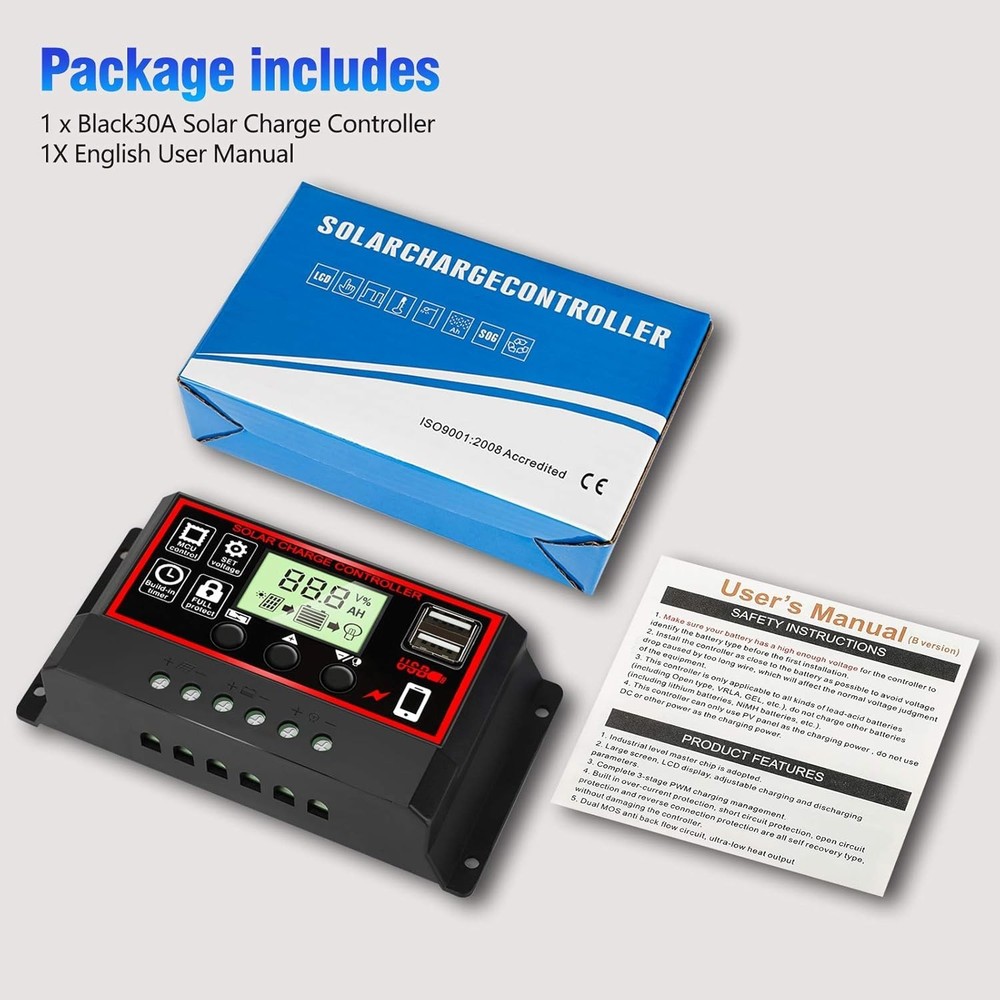 Versatile 30A Solar Charge Controller - Efficient LCD Display & Compact Design