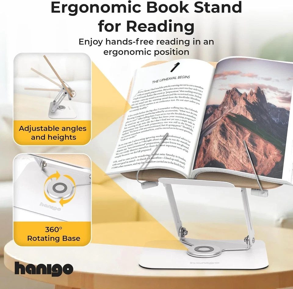 Book Stand for Reading - Adjustable Book Holder with 360° Rotating Base, Ergonom