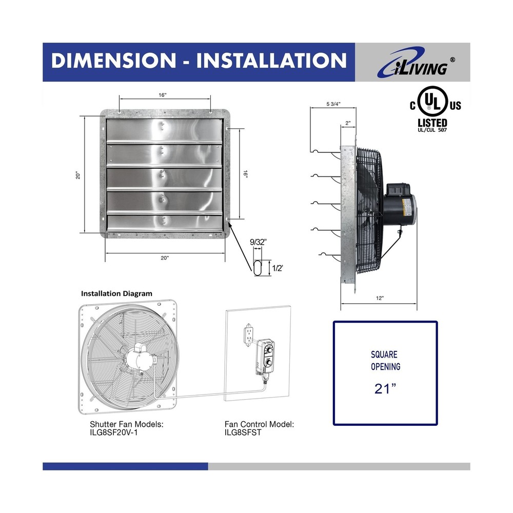 ILIVING 20" Wall Mounted Shutter Exhaust Fan, Automatic Shutter, with Thermos...