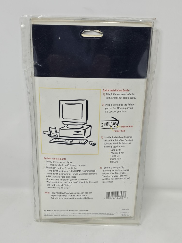 Vintage 1997 PalmPilot MacPac Kit, Version 1.0 Software for Macintosh w/ Adapter
