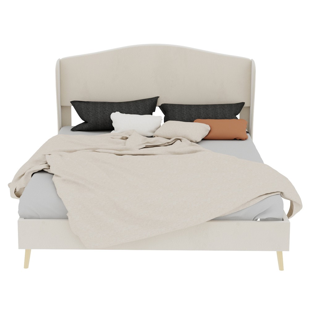 Platform Queen Bed Frame with Velvet Tufted Headboard, Supportive, Beige