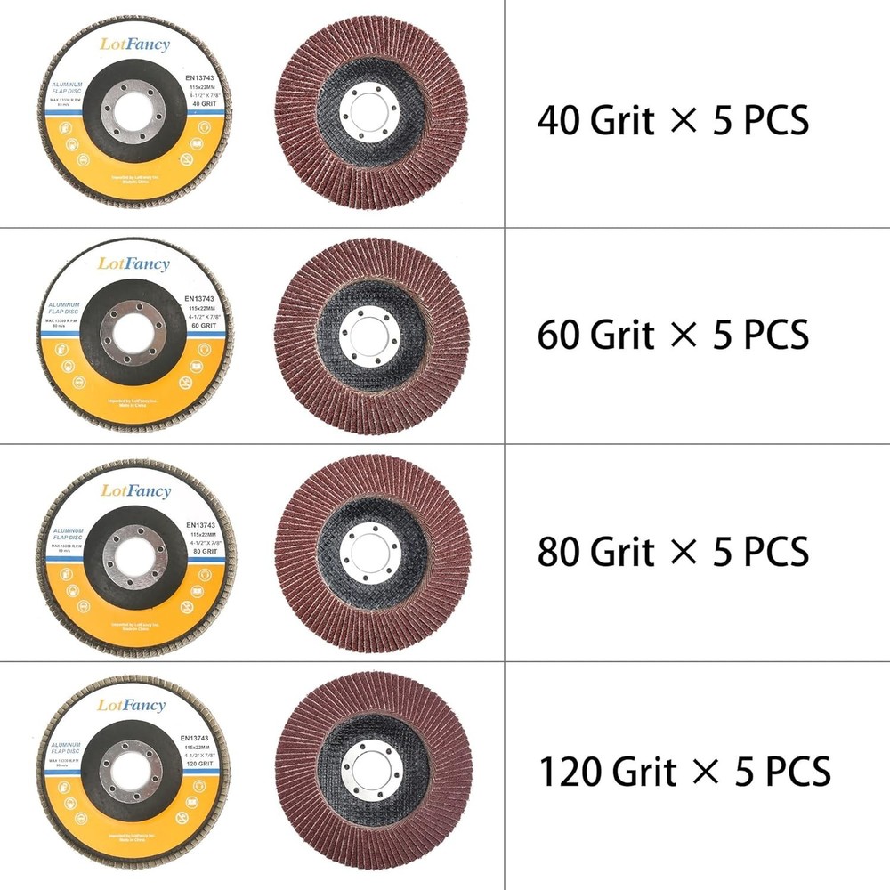 Assorted 20 Flap Discs 4.5'' for Angle Grinders - Durable Aluminum Oxide