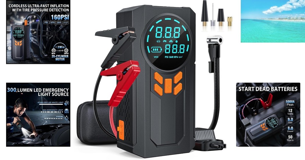 5000A Jump Starter with Compressor - Ultimate Emergency Backup Solution