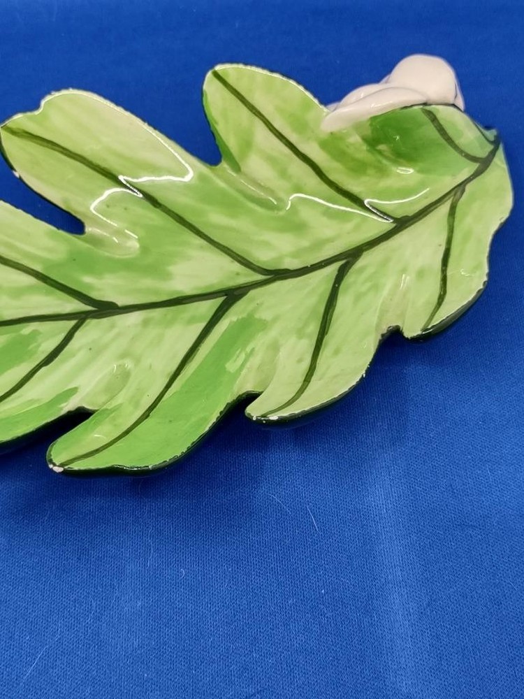 Vtg Atlantic Mold Set 2 Ceramic White Bunny Leaf Trinket Candy Dishes Easter '65