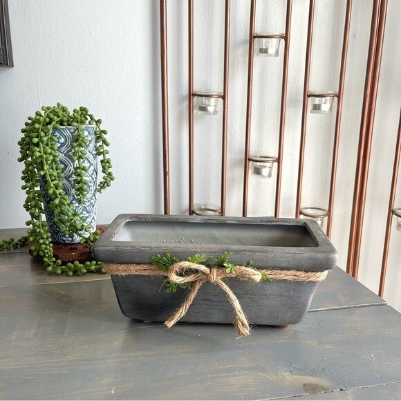Eclectic Revival Upcycled Hand Painted Rectangular Planter Grey Twine & Greenery