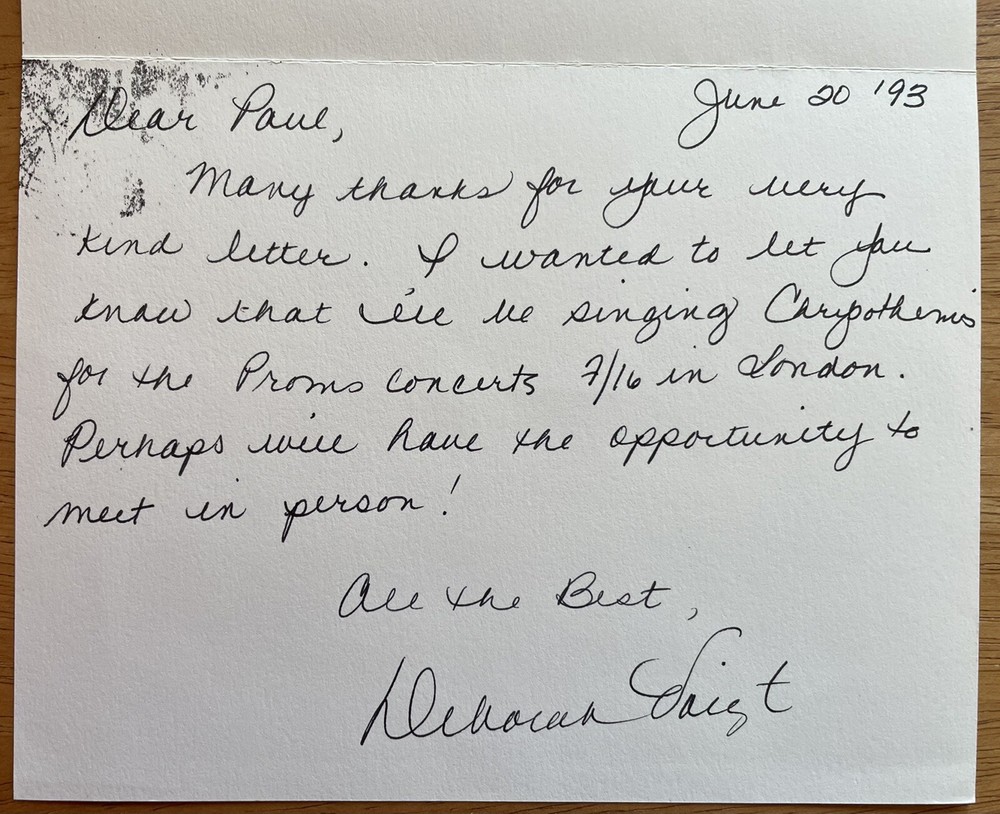 Soprano Deborah Voight Autograph Letter