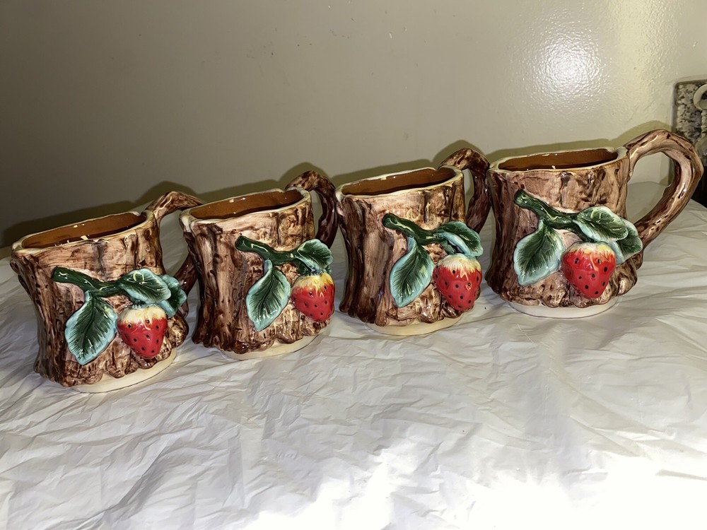 Apple Tree Strawberries Design Bark Ceramic pitcher and cup set damaged