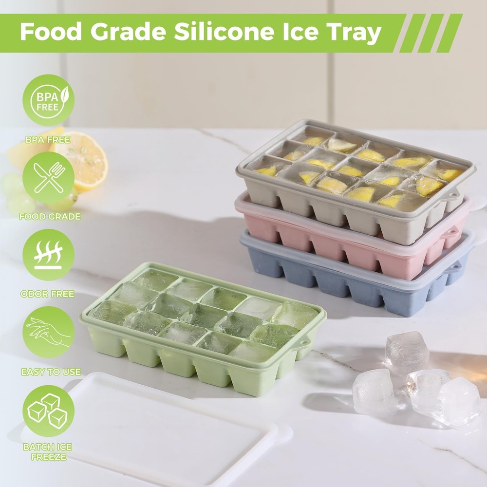 Silicone Ice Cube Trays with Lids - Set of 4, Easy Release, Stackable, Reusable