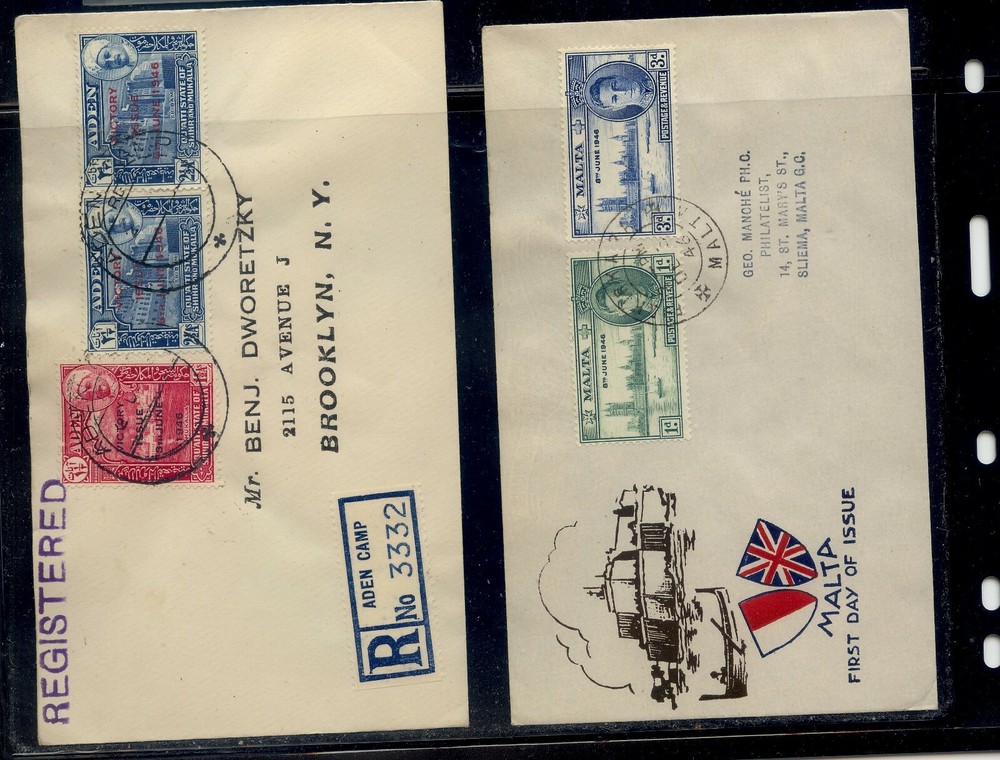 Malta  and  Aden  Peace stamps  covers   1946
