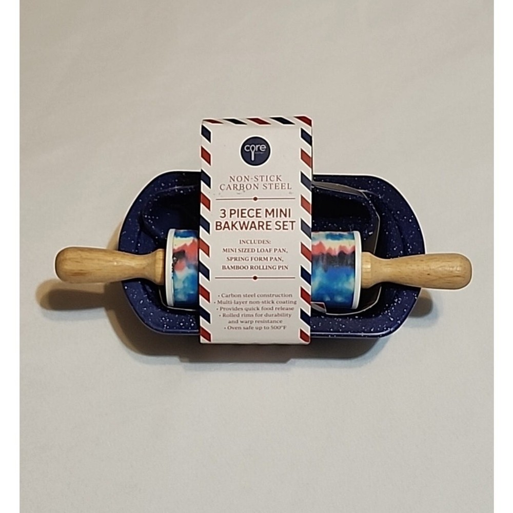 Core Kitchen 3 pc Mini Bakeware Set Loaf Pan Spring Form Pan Bamboo Rolling Pin