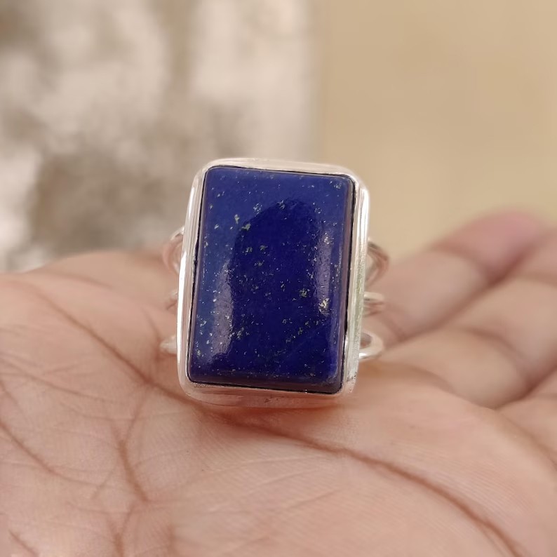 Solid 925 Sterling Silver Natural Lapis Lazuli Square Gemstone Triple Band Ring