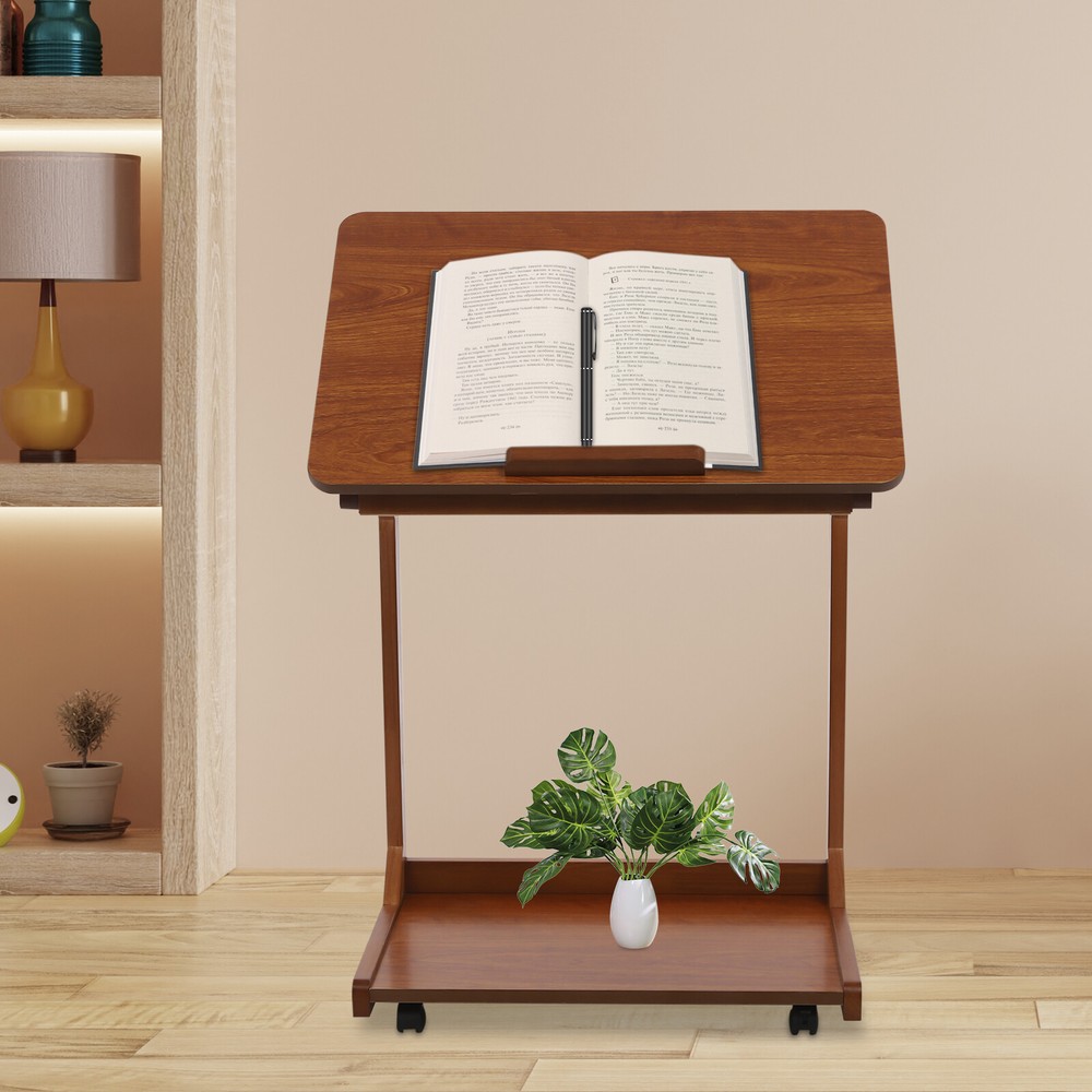 2-tier Walnut-Colored Adjustable Angle C-Shaped End Table With 4-Wheels 55.12lbs