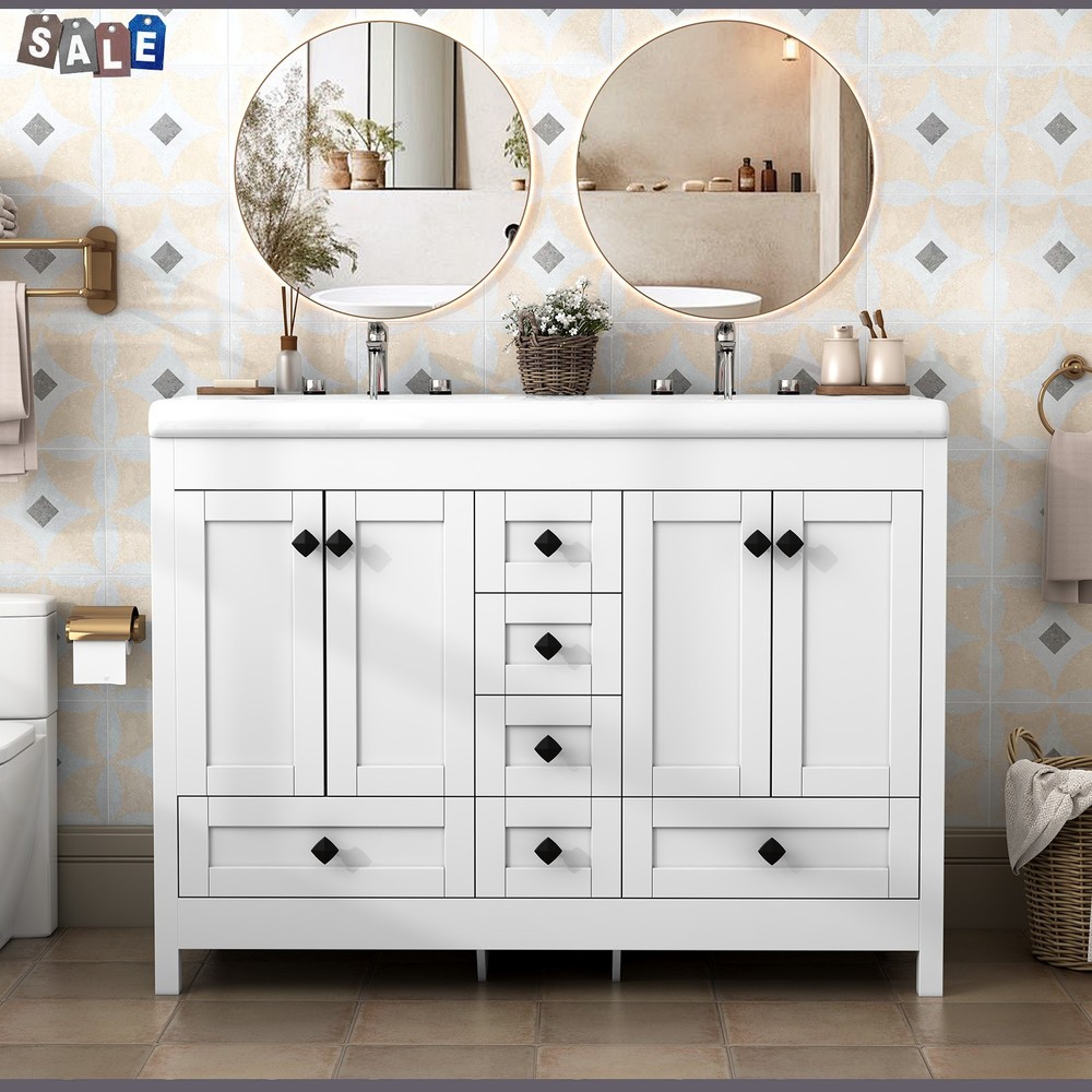 White Classic Bathroom Vanity Double Ceramic Sinks Freestanding With 5 Drawers