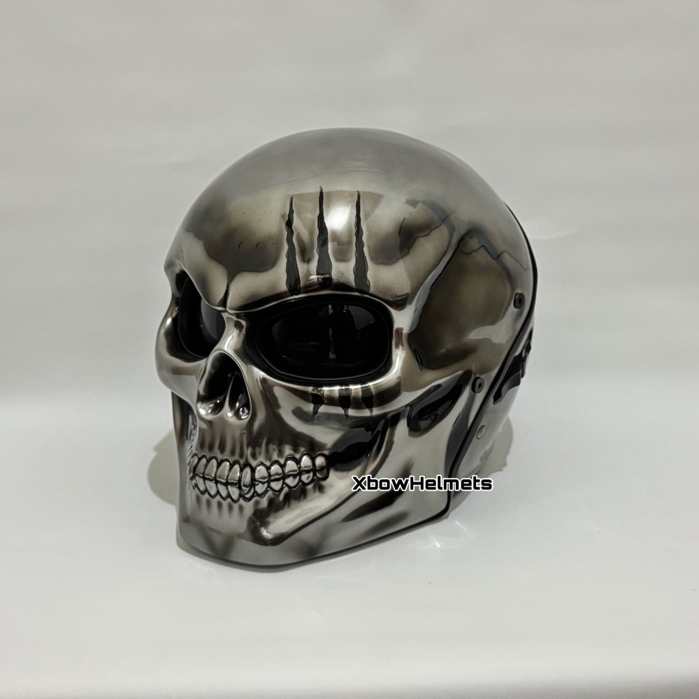GREAT CUSTOM SKULL MOTORCYCLE HELMET CHROME CRACK (DOT & ECE CERTIFIED)