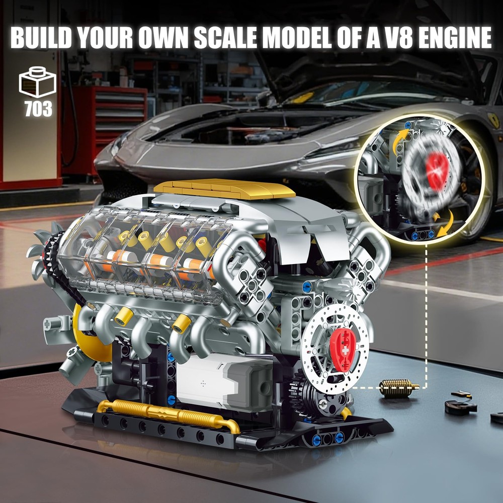 Engine Model Kit V8 Engine Runs Mini Visible Car Motor 703 PCS 14+