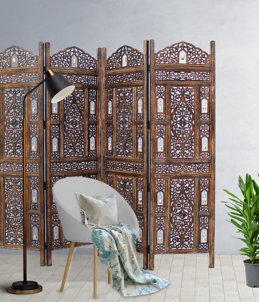 Hand Carved Wooden Room Divider Folding Privacy Screen 4 Panel Reversible Boho