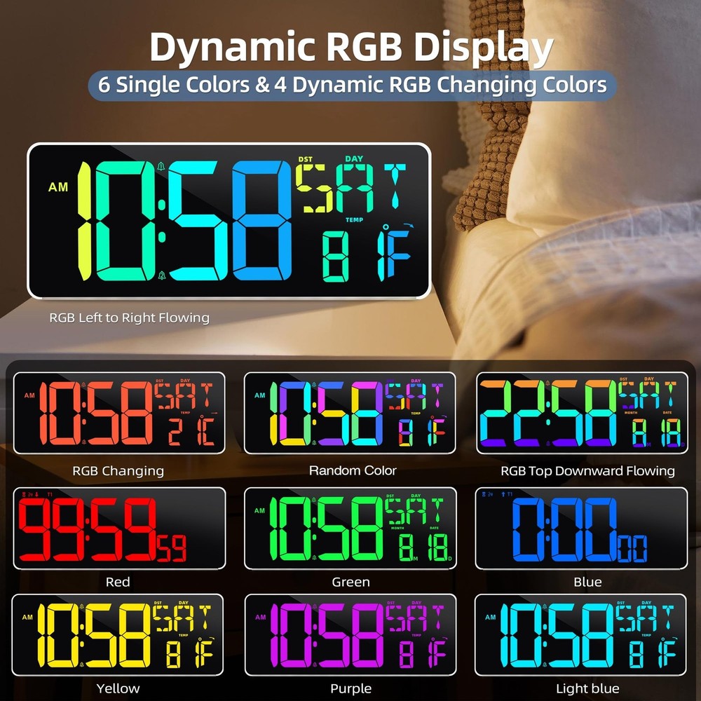 Large Digital Wall Clock Timer 13.5" Large Display Available In 11 Color Mode...