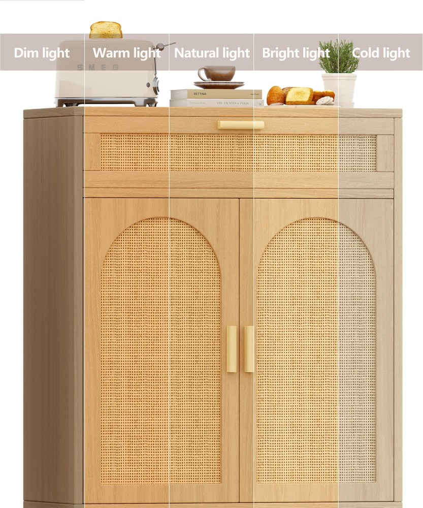 Rattan Buffet Cabinet with Storage, Sideboard with Drawer & Adjustable Shelf,...