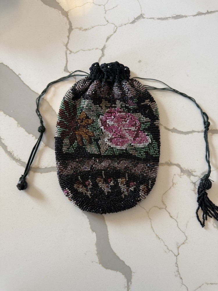 Antique Beaded Crochet Drawstring Purse~