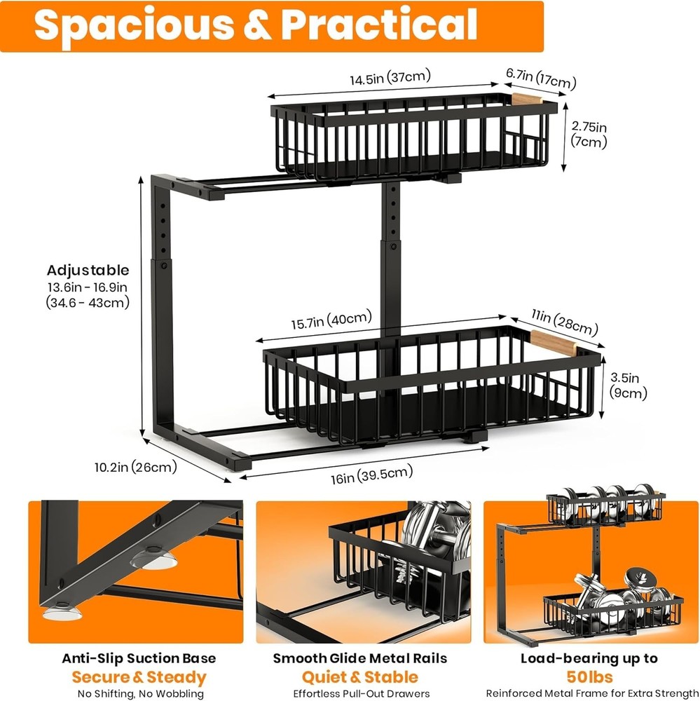 Left or Right Install – under Sink Organizer, 2-Tier Adjustable Height Pull Out